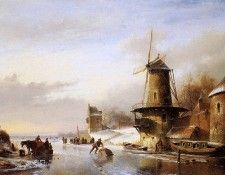 Schelfhout Andreas Scaters frozen river mill Sun. Schelfhout, 