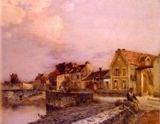 Cazin Jean Charles Figures At The Village Pond, Sunset. , -