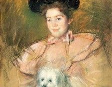 Cassatt Mary Woman in Raspberry Costume Holding a Dog.  