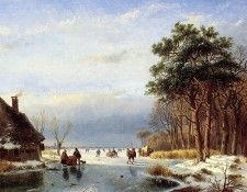 Schelfhout Andreas Scaters on frozen river with firs Sun. Schelfhout, 