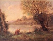 Corot Jean-Baptiste Camille VILLE-D-AVARY-- PAYSANNE ET SON ENFANT ENTRE DEUX ARBRES AU BORD DE L. , --