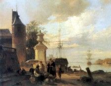 Figures At A Market Stall By A Harbour. Ruyten,  