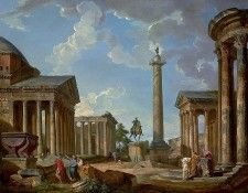 A capriccio of Roman ruins with the Pantheon, the Temple of Antonino and Faustina, the statue of Marco Aurelio, the Trajan Column, the Temple of Fortuna Virilis, the Temple of Vesta in Tivoli and fi. ,  