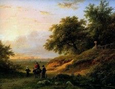 Koekkoek Barend Cornelis People on a countryroad at dusk Sun. Koekkoek, Barend 