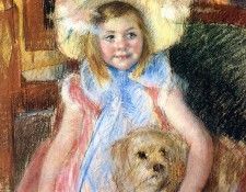 Cassatt Mary Sara in a Large Flowered Hat Looking Right Holding Her Dog.  