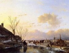 Schelfhout Andreas People on frozen river Sun. Schelfhout, 