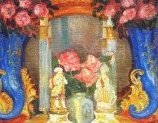 sudeikin still life with porcelain figurines and roses 1909. 