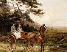 TWO LADIES CROSSING A WOODLAND STREAM IN A GIG. , 