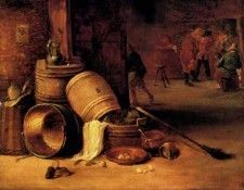 Teniers David An Interior Scene With Pots Barrels Baskets Onions And Cabbages. ,  