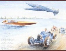 c 1939 bugatti on the ground on the water and in the air.  