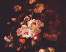 ruysch hollyhocks- other flowers on ledge with peaches 1701. �����, ������