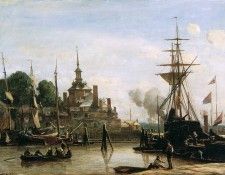 Jongkind Johan Barthold View on harbour Rotterdam Sun. Jongkind,  