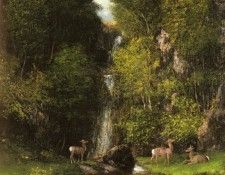 Courbet Gustave A Family Of Deer In A Landscape With A Waterfall. , 