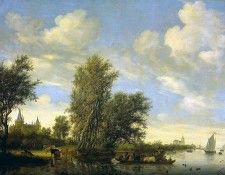 Ruysdael van Salomon Riverlandscape with ferry Sun. ,  