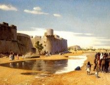 Gerome Jean Leon An Arab Caravan outside a Fortified Town Egypt. , -