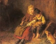 Schlesinger Felix Two Children Playing With Rabbits.  