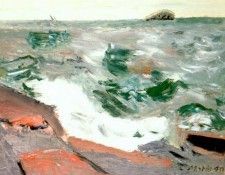 marin pink rocks and green sea, maine 1940. 