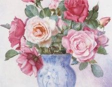 A still life of Roses in a blue and white vase. Bulleid  