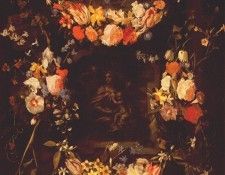 seghers-and-denys garland of flowers with holy family c1650. 