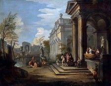 AN ARCHITECTURAL CAPRICCIO WITH FIGURES AT A BALCONY AND BATHERS IN A POOL NEARBY. ������, �������� �����