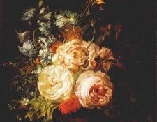 ruysch roses marigolds hyacinth etc on marble ledge 1723. , 