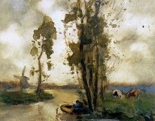 Weissenbruch Jan Fisherman in polder landscape Sun. Weissenbruch,  