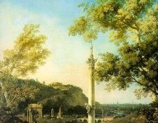 Canaletto Capriccio- River Landscape with a Column, a Ruined. 