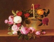 Jensen Johan Laurentz (Danish) 1800 to 1856 A Basket Of Roses On A Ledge SND 1825 O C 35.6 by 43.. ,  Laurentz
