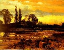 Hooper John Horace SunSet A Figure Feeding Geese In A Marsh. ,  