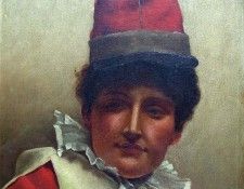 study of a lady clown wearing a tall hat and ruff to her neck. Bulleid  