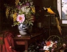 Hermansen Olaf August A Still Life With Vase Basket And Parrot. Hermansen  
