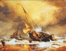 cooke beaching a pink in heavy weather at scheveningen 1855. ,  