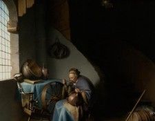 An Elderly Woman Seated by a Window at her Spinning Wheel Eating Porridge. , 