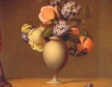 heade roses and heliotrope in vase on marble tabletop 1862. ,  