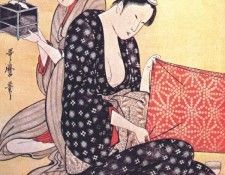 utamaro women making dresses 3-center panel. , 