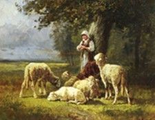 Jacque Charles Emile (French) 1813 to 1894 A Shepherdess With Her Flock In A Woodland Clearing O . ���, ����� �����
