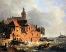 Springer Cornelis Men in boat at choppy sea Sun. Springer, 