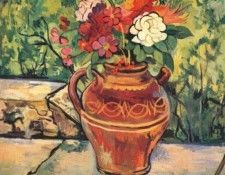 valadon vase of flowers on low wall 1920. 