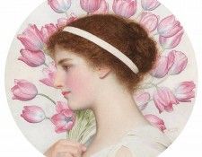 A girl in classical dress bearing tulips. Bulleid  