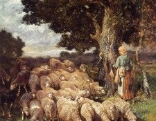 Jacque CE A Shepherdess with her Flock near a Stream. ,  
