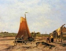 Koekkoek Jan H Ships on dried ground Veere Sun. Koekkoek, ��