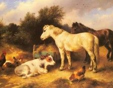 Hunt Walter Ponies A Calf And Poultry In A Farmyard. , 