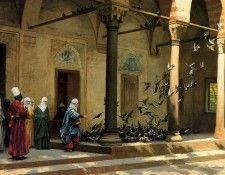 Mujeres de un haren alimentando palomas en un patio. �����, ���-����