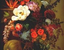 jensen magnolias and other flowers in antique vase 1834. 