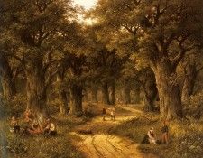 Koekkoek Hendrik Barend Peasants Preparing A Meal Near A Wooded Path. Koekkoek  Barend
