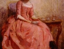 chaplin charles girl in a pink dress reading with a dog. , 