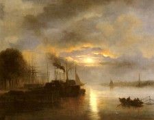 Rooseboom Nicolaas Johannes Vessels Before A Harbour Town By Moonlight. Roosenboom, ������� Johannes