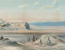 Arab travellers at sunset a town beyond. , 