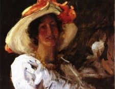 Chase William Merritt Portrait of Clara Stephens Wearing a Hat with an Orange Ribbon. ,  