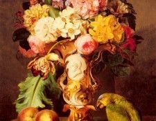 Kuss Ferdinand A Still Life With A Vase Of Assorted Flowers Peaches And A Parrot On A Marble Ledg. Kuss, 